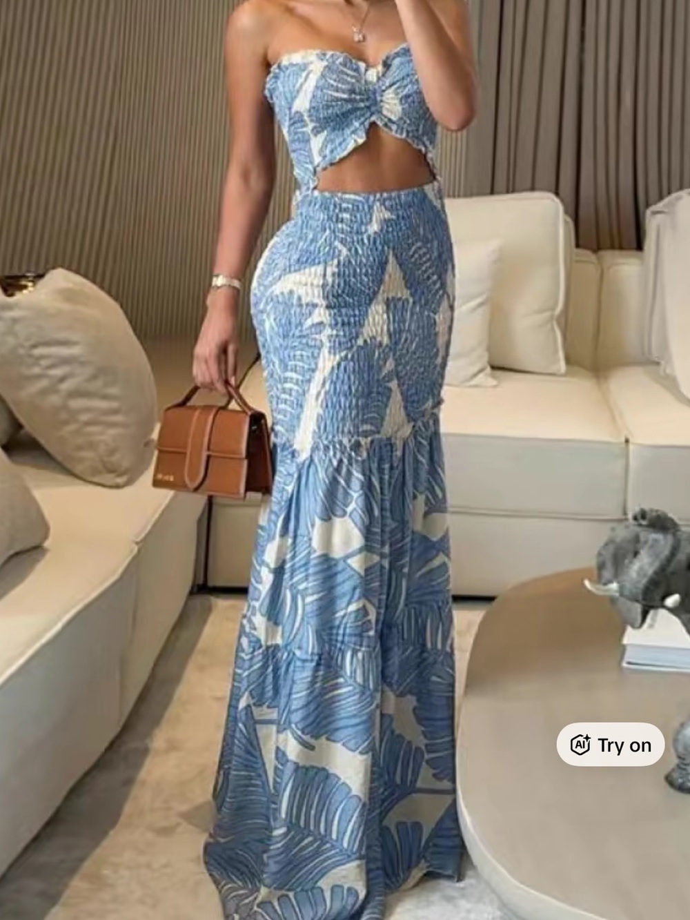 Blue and White Smocked Tiered Maxi Skirt